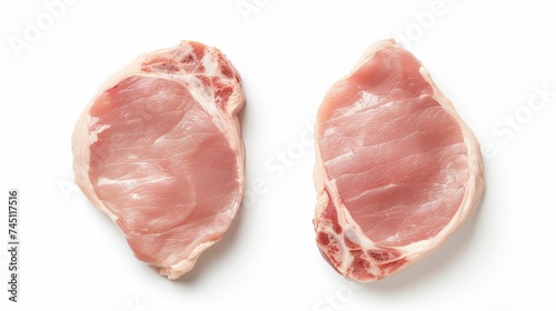 Top view of mockup raw chicken and pork chop set isolated on white background. Clipping Path included on white background.