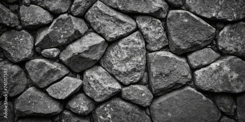 Black white stone texture. Rock surface. Close-up. Like a old rough concrete wall. Dark gray grunge background with space for design