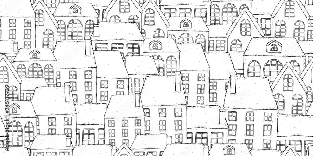Seamless Pattern for coloring book with artistically houses. Street background. Pattern for coloring book. Zentangle. Black and white pattern in vector.