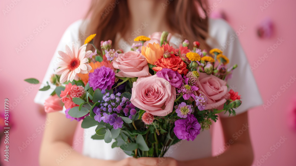 Beautiful bouquet in the hands of a girl on a pink background