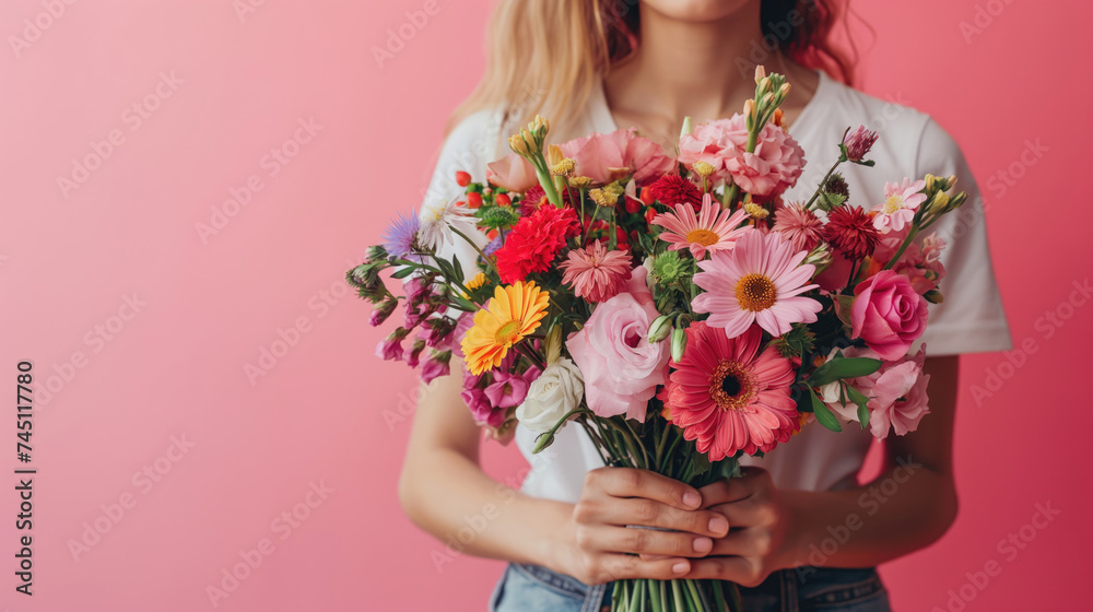 Cropped view of girl holding bouquet of flowers isolated on pink