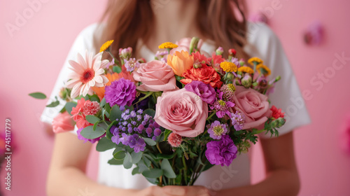 Beautiful bouquet in the hands of a girl on a pink background