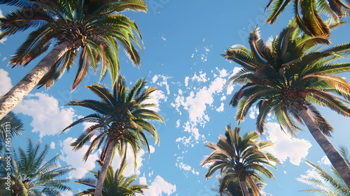 Palm trees framing the corners of the image  their leaves gently rustling against a pastel blue sky  reminiscent of a tranquil tropical getaway