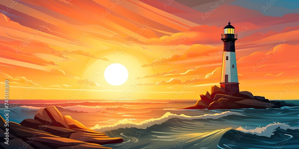 Lighthouse tower with a beam of light. Ocean sunset background scene. Nautical marine scene