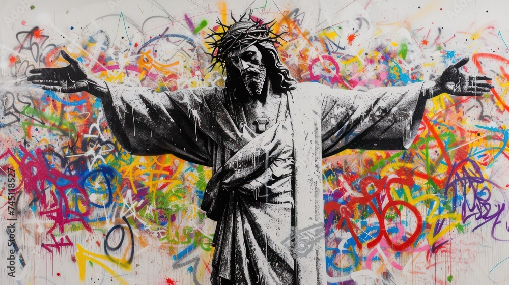 Statue of Jesus in Graffiti Background - obrazy, fototapety, plakaty 