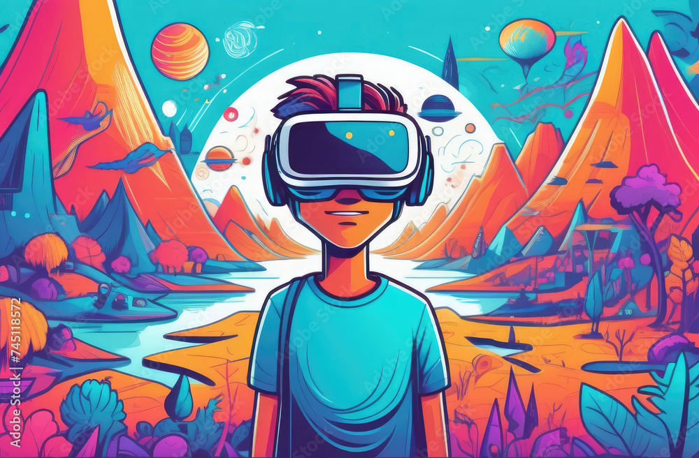 boy wearing virtual reality goggles. cartoon illustration.