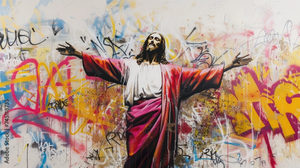 Fototapeta premium Statue of Jesus in Graffiti Background