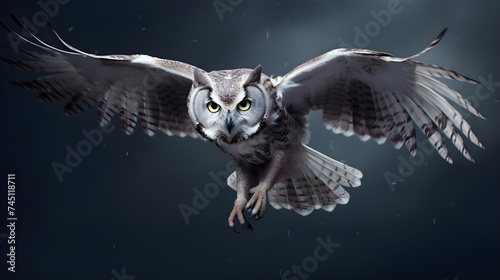 Majestic owls in nocturnal flight captured in detailed focus on a soft grey canvas