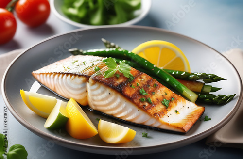 Delicious grilled fish with asparagus on plate, closeup