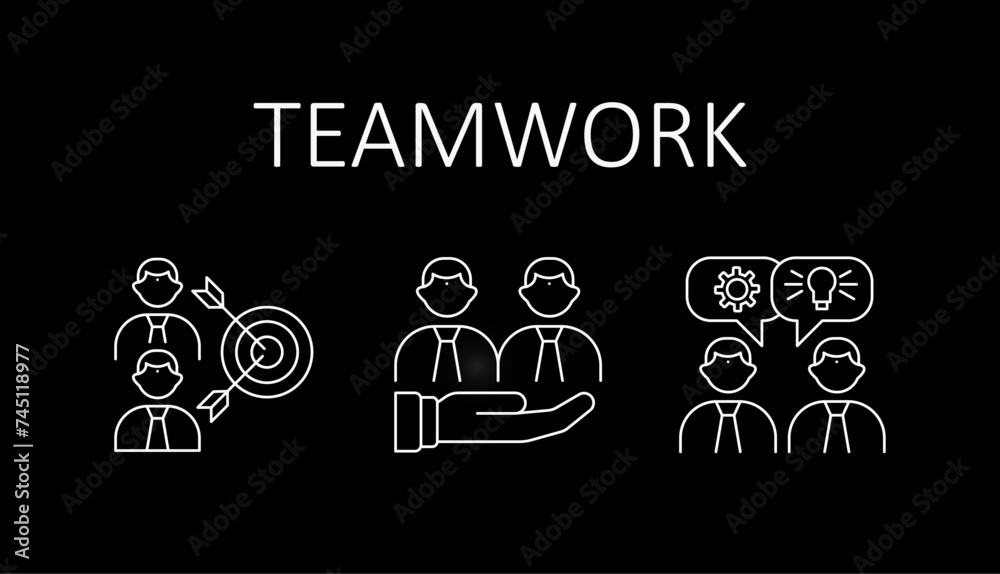 Teamwork Vector Icon Set: Collaboration, Team Building, Partnership icons with editable stroke.
