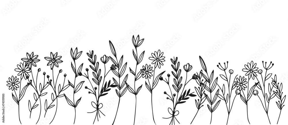 Black silhouettes of grass, flowers and herbs isolated on white background. Hand drawn sketch flowers  - obrazy, fototapety, plakaty 