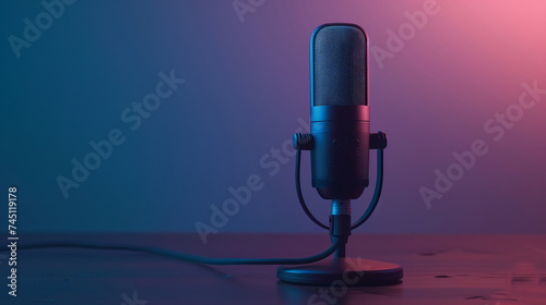 Studio microphone with cable against purple gradient background. Podcast, interview concept