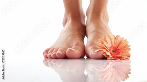 Young woman's beautiful bare feet and toes view. Closeup isolated on white background with copyspace for spa treatment. female feet with the French pedicure. Generative ai