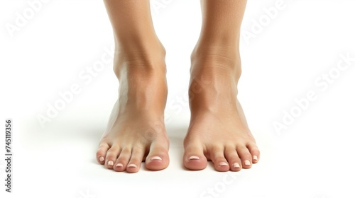 Young woman's beautiful bare feet and toes view. Closeup isolated on white background with copyspace for spa treatment. female feet with the French pedicure. Generative ai © Emi