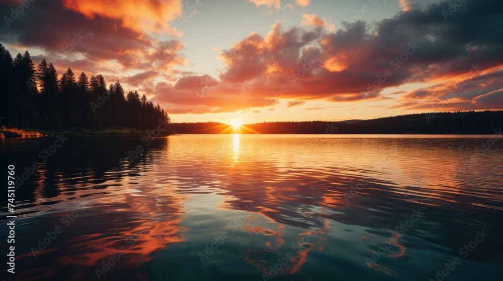 A tranquil scene of the sun setting over a calm lake, casting warm hues across the sky and reflecting the serenity of nature