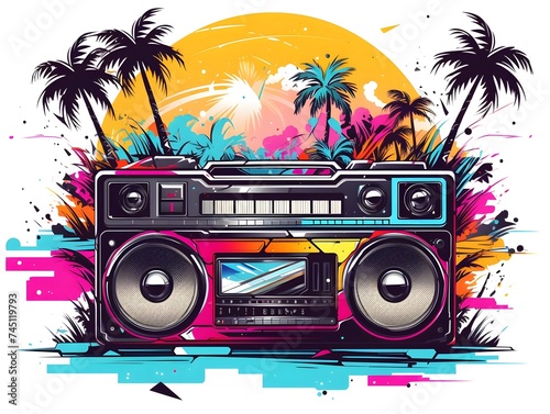 Retro boombox emitting colorful music waves t-shirt design. Isolated on white background,