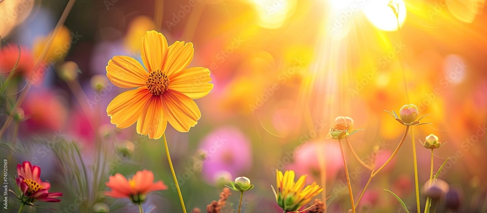 A field filled with a variety of wildflowers, such as daisies, poppies, and lupines, under a bright sun. The suns rays illuminate the flowers, creating a stunning display of colors and textures in the A field filled with a variety of wildflowers, such as daisies, poppies, and lupines, under a bright sun. The suns rays illuminate the flowers, creating a stunning display of colors and textures in the