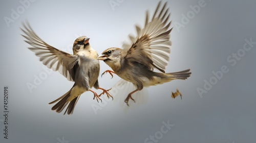 Sparrows engaged in playful mid-air pursuits against a subtly lit grey background.