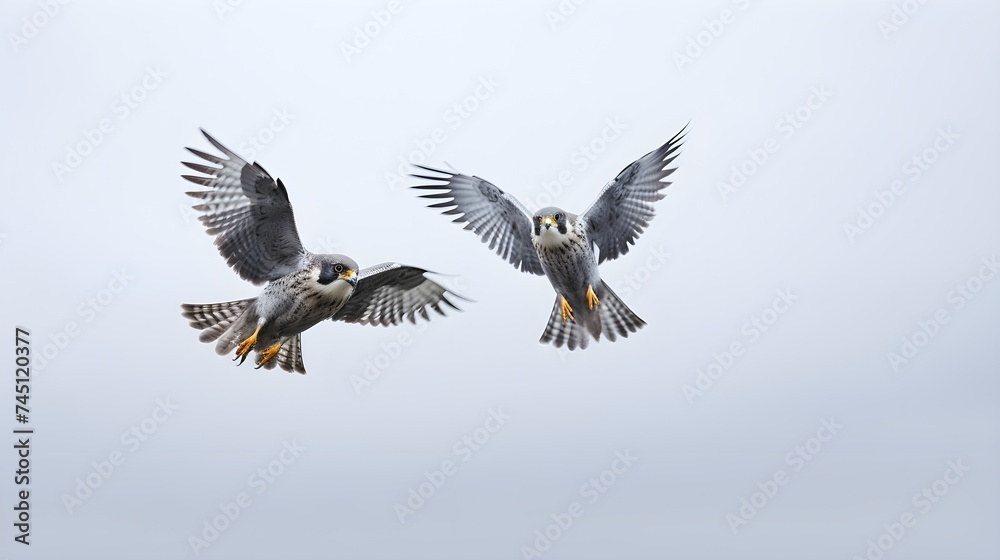 Obraz premium Swift falcons hunting in a synchronized aerial ballet against a muted grey sky.