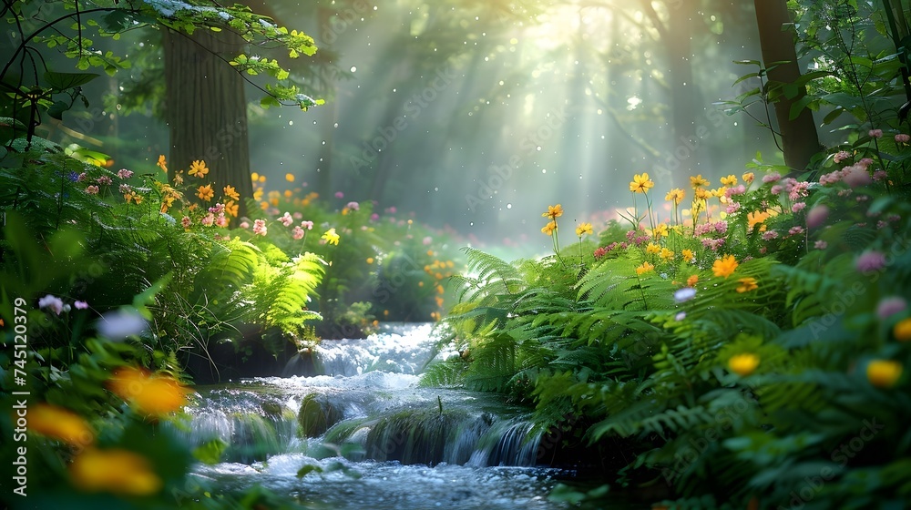 Beautiful spring landscape of a small river running through forest with light shining through the tops of the trees and flowers growing on the side of the river