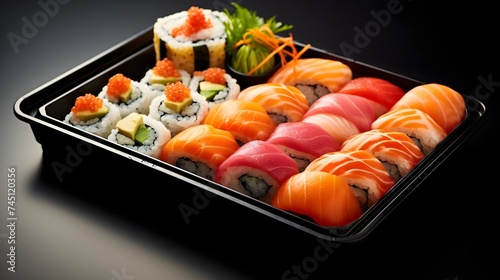 Sushi in a takeaway box, a Japanese cuisine-themed arrangement