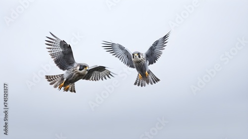 Swift falcons hunting in a synchronized aerial ballet against a muted grey sky.