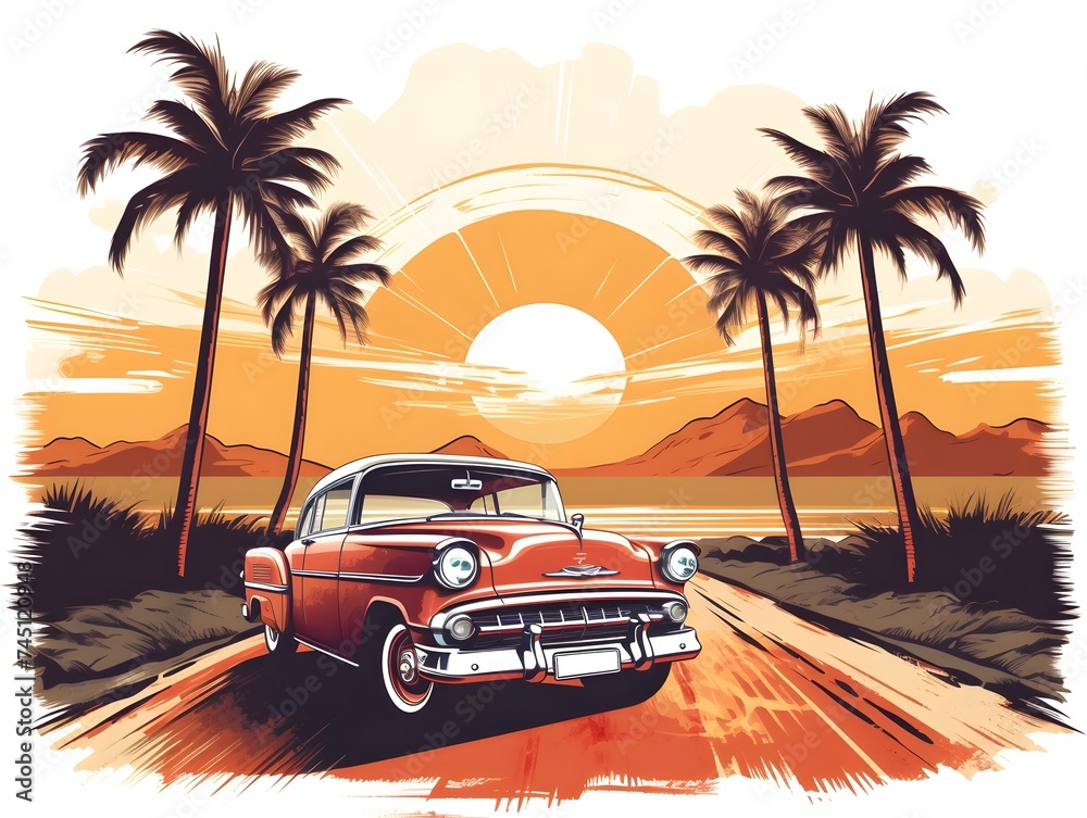 Vintage car driving along a coastal road with palm trees and a setting sun.