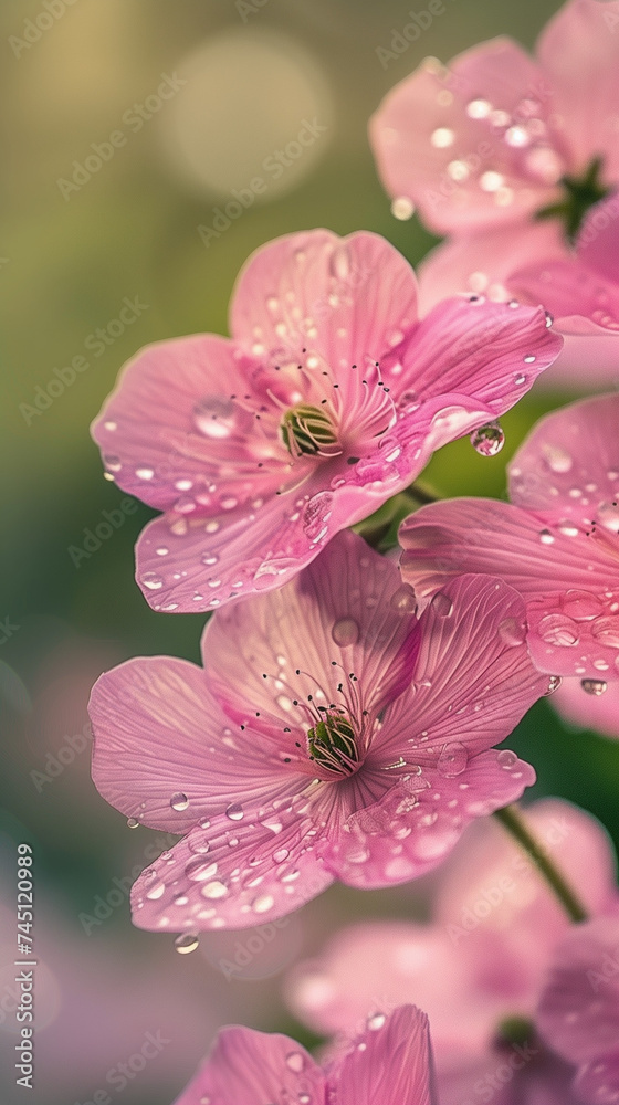 Obraz premium Close-up of delicate pink flowers with droplets