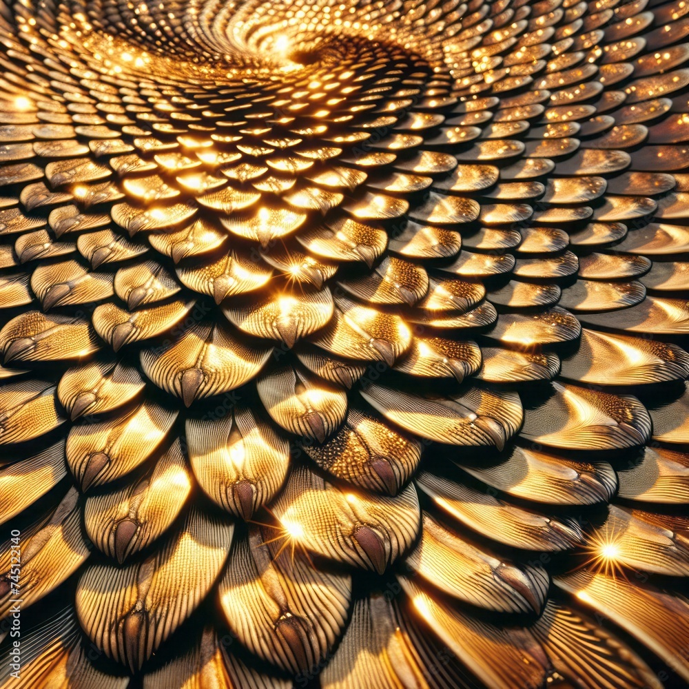 Background in the form of golden scales shimmering in the sun - obrazy, fototapety, plakaty 