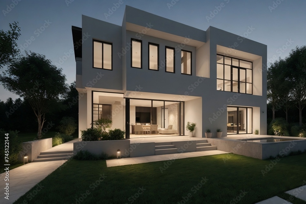 Beautiful modern house with landscape design and outdoor lighting. Modern house landscape design concept. Beautiful modern house with landscape design and outdoor lighting. Modern house landscape design concept.