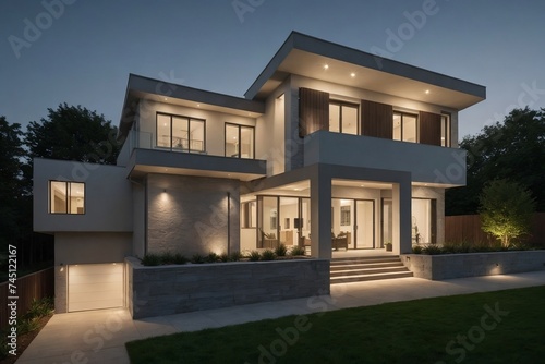 Beautiful modern house with landscape design and outdoor lighting. Modern house landscape design concept. © PNG&Background Image
