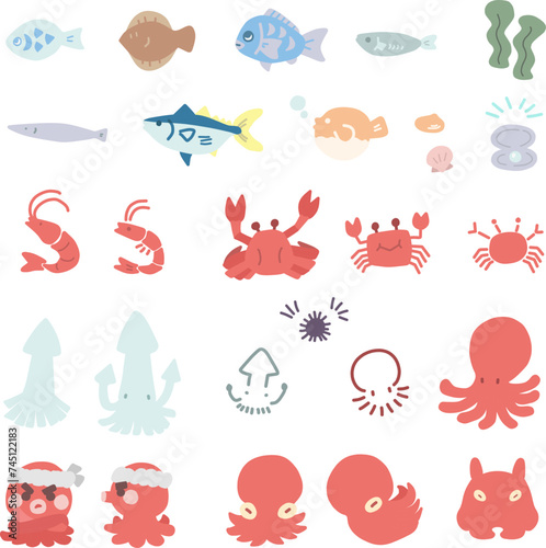  様々な魚やタコなど海の生き物をシンプルにデフォルメしたイラストセット
