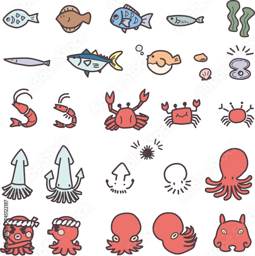  様々な魚やタコなど海の生き物をシンプルにデフォルメしたイラストセット © yamasannge