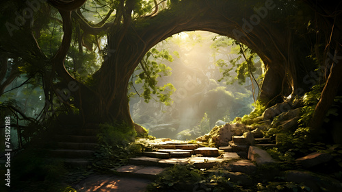 Soft beams of sunlight dance through the intricate lattice of branches, casting dappled shadows on the forest floor beneath a natural archway that whispers tales of time immemorial
