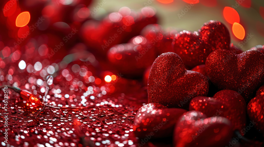 Close up of red glitter hearts on sparkling background. Copy space. Valentines Day. Romantic Concept. Generative AI Close up of red glitter hearts on sparkling background. Copy space. Valentines Day. Romantic Concept. Generative AI