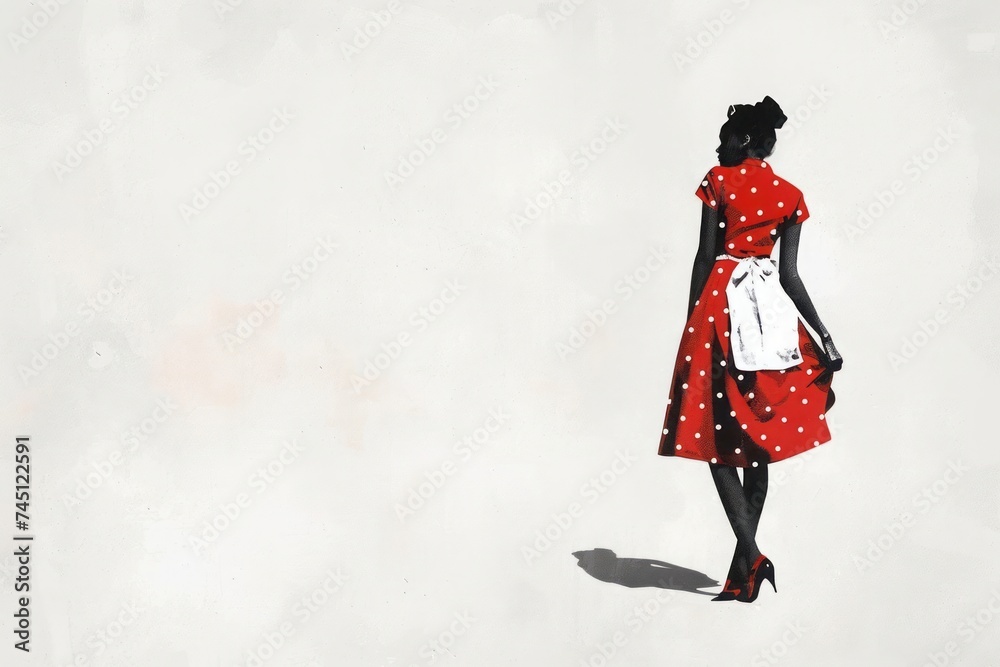 The silhouette of a housewife wearing a red dress with subtle white polka dots, a white apron, and sleek black stilettos.