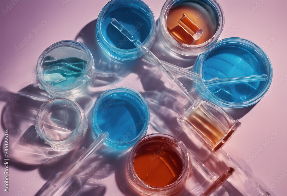 Pipette with sample of gels cosmetic product in petri dish on blue background hard shadows Pipette with sample of gels cosmetic product in petri dish on blue background hard shadows