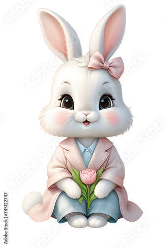 rabbit in pink coat isolated with flower on transparent background