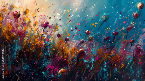 Splashes of bold colors cascade over a backdrop of lush, dew-kissed grass, forming an abstract tapestry that exudes the warmth and vitality of a sunlit summer meadow