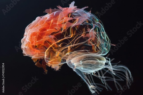 A futuristic 3D rendering of a brain undergoing real-time functional magnetic resonance imaging (fMRI). Neural activity with translucent layers revealing brain regions activated during cognitive tasks photo