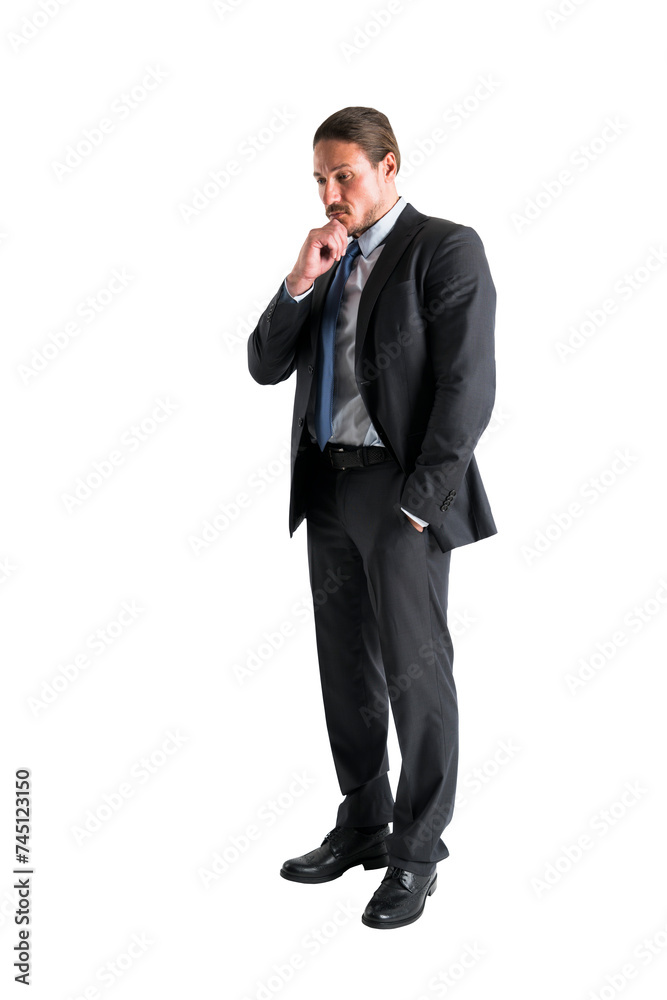 Pensive businessman in suit, standing with hand on chin, isolated on white Pensive businessman in suit, standing with hand on chin, isolated on white