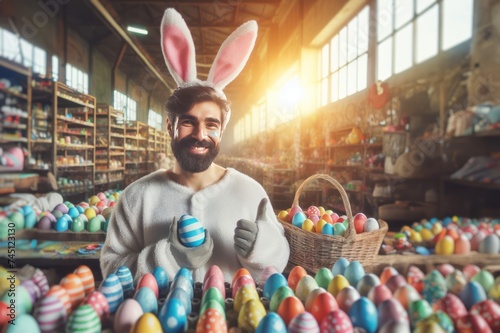 easter egg factory with bunny people workers