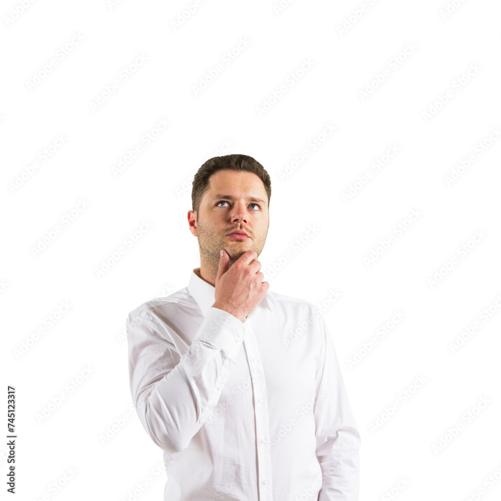 Pensive man in white shirt with thoughtful expression on white background. Strategy concept