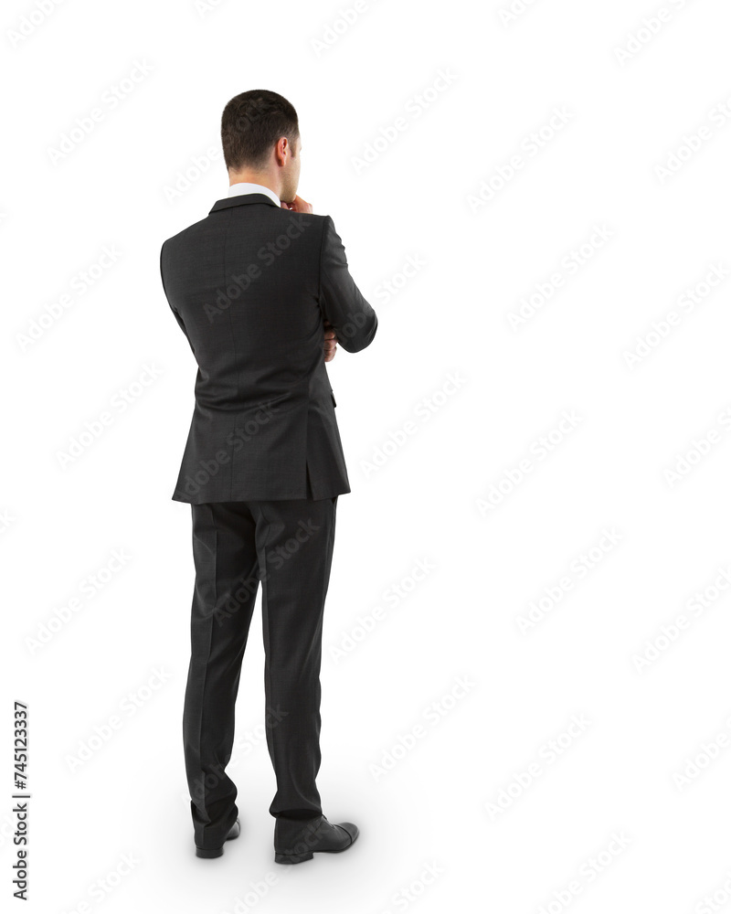 Businessman in dark suit, contemplating, white background, strategic thinking concept Businessman in dark suit, contemplating, white background, strategic thinking concept