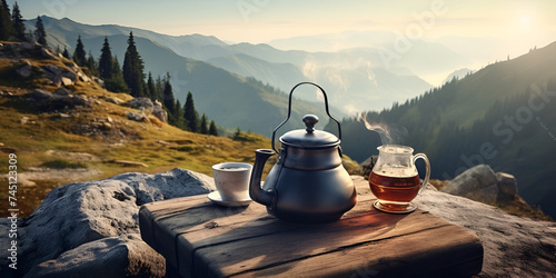 A teapot and cup of tea on a table with a sunset in the background, Japanese traditional tea set with powdered green tea