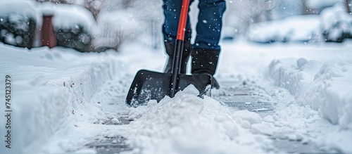 A person vigorously shoveling through a thick layer of snow in the midst of a blizzard. The individual is focused on clearing a path with a shovel.