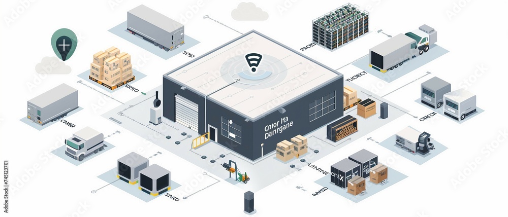 an isometric illustration of a smart warehouse management system with emphasis on inventory control. with IoT devices.