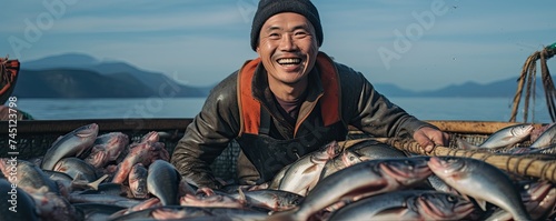 Happy asian fisherman with a lot of fishes on a fishing boat © Filip