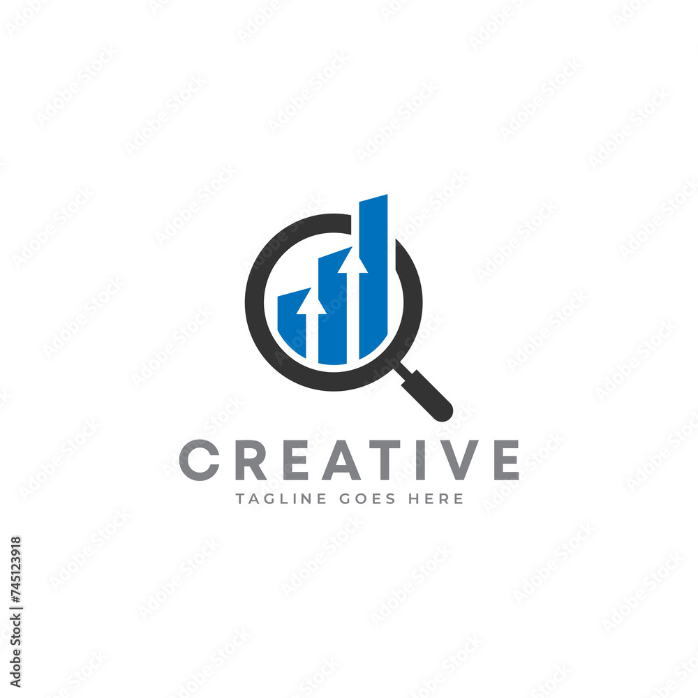 Creative magnifying glass logo. magnifying glass with chart bar marketing growth logo Creative magnifying glass logo. magnifying glass with chart bar marketing growth logo