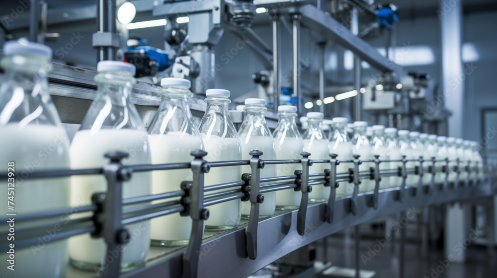 Bottles of milk on conveyor belt Bottles of milk on conveyor belt